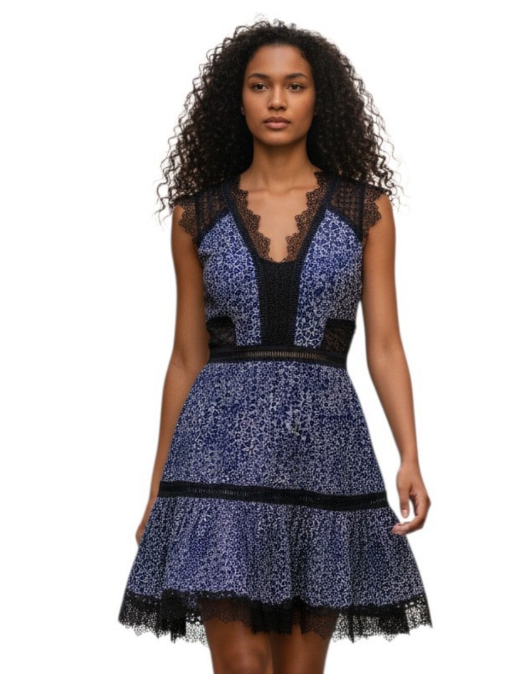 Elie Tahari Blue Black Lace Fit Flare Mini Dress Romantic Cocktail Evening Sz 2